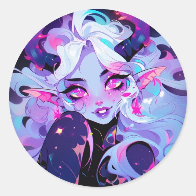 Sticker Rond Cute rose, noir et blanc Koakuma Little Devil (Devant)