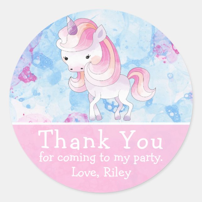 Sticker Rond Cute rose Unicorne Anniversaire Merci (Devant)
