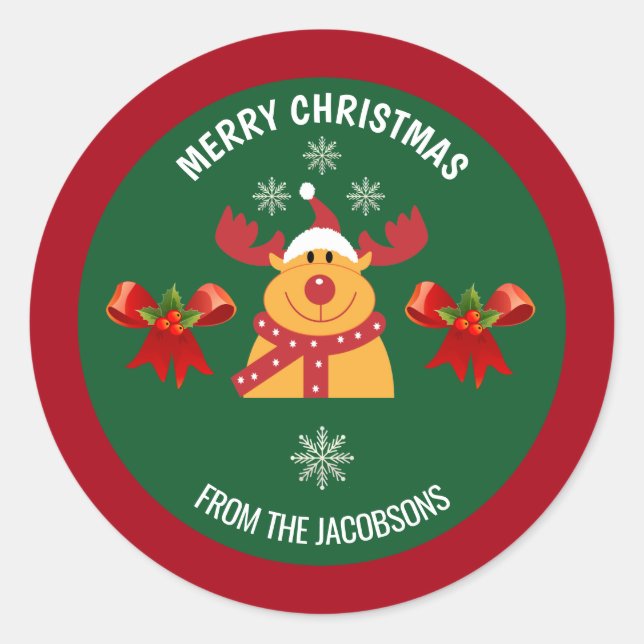 Sticker Rond Cute Rudolph Reindeer Joyeux Noël de famille (Devant)