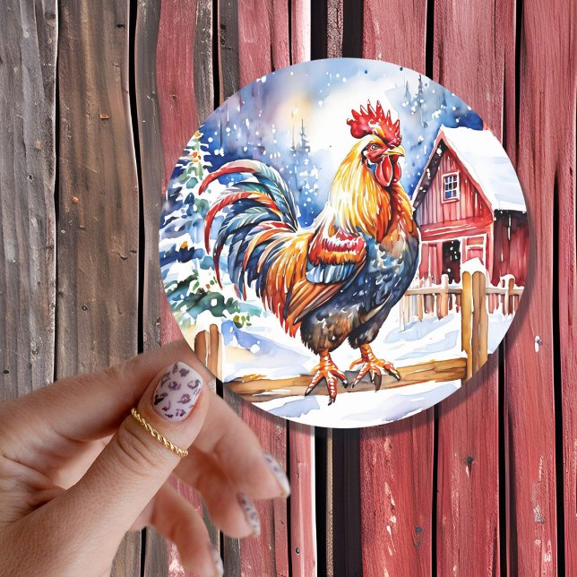 Sticker Rond Cute Russe Rooster Farm à thème Noël (Créateur téléchargé)
