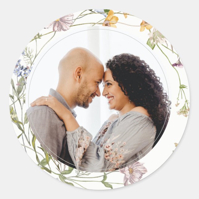 Sticker Rond Cute Rustic Meadow Floral Wreath Mariage photo (Devant)