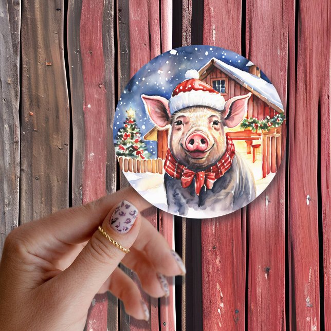 Sticker Rond Cute rustique Cochon de Noël et Grange Grande (Créateur téléchargé)