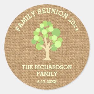 Sticker Rond Cute Rustique Green Tree et Burlap Family Réunion