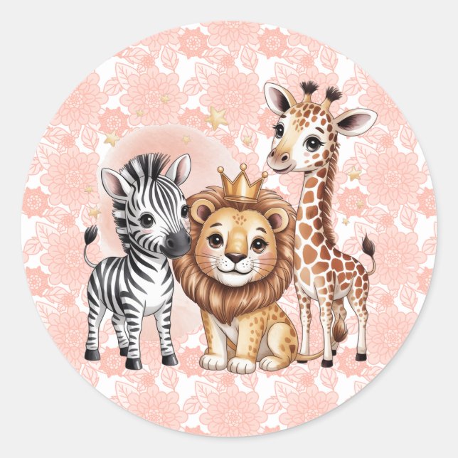 Sticker Rond Cute Safari Animals With Pink Florals (Devant)