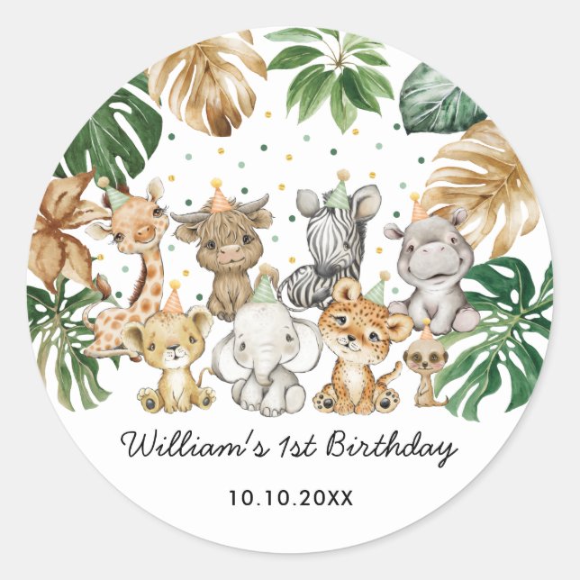 Sticker Rond Cute Safari Animaux Jungle Baby shower de verdure  (Devant)
