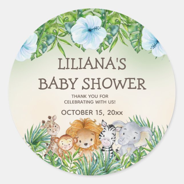 Sticker Rond Cute Safari Jungle Animaux Baby shower Garçon (Devant)