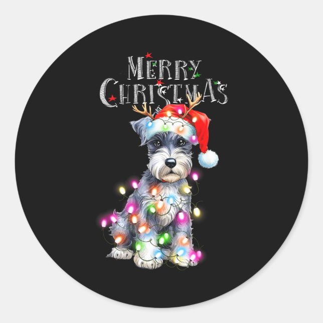 Sticker Rond Cute Schnauzer Christmas Lights Xmas Dog Santa Hat (Devant)