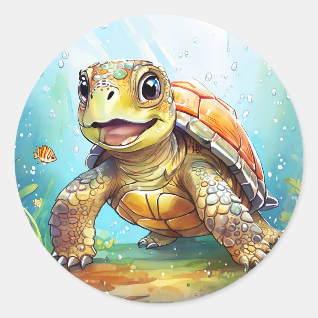 Sticker Rond Cute Sea Turtle in the Ocean Cartoon (Devant)
