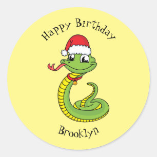 Sticker Rond Cute serpent vert avec chapeau santa dessin animé