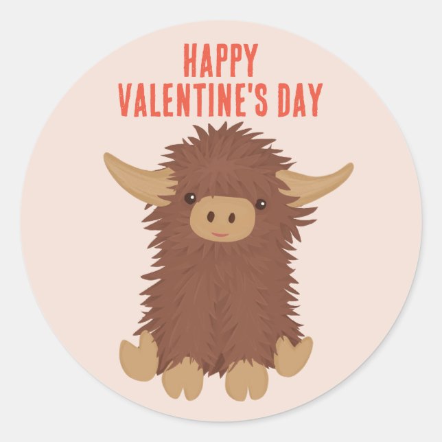 Sticker Rond Cute, shaggy Highland classe de vache Valentine (Devant)