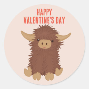 Sticker Rond Cute, shaggy Highland classe de vache Valentine