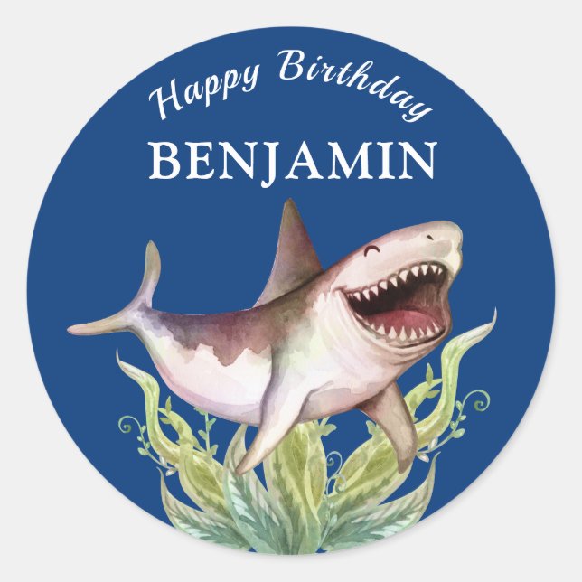 Sticker Rond Cute Shark Boys Blue Anniversaire Fête Favoriser (Devant)