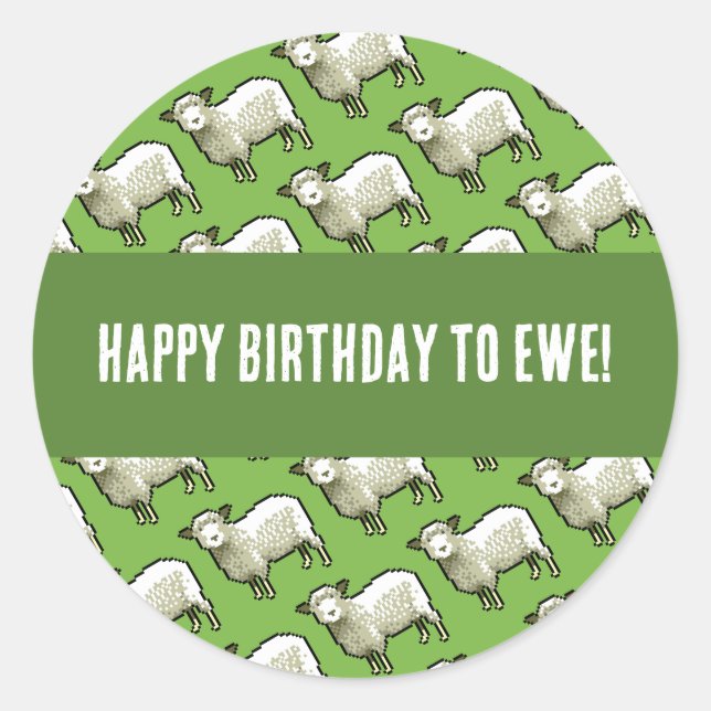 Sticker Rond Cute Sheep Happy Birthday To Ewe Pixel Art Pattern (Devant)