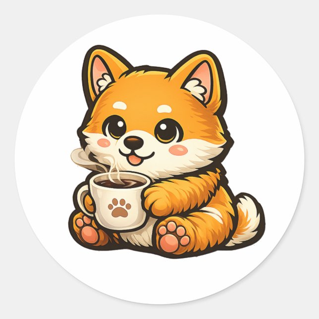 Sticker Rond Cute Shiba Inu with Coffee – Cozy Dog Illustration (Devant)