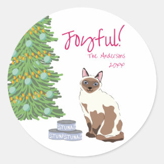 Sticker Rond Cute Siamese Cat with Tuna Joyful Christmas