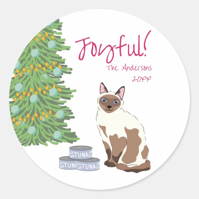 Sticker Rond Cute Siamese Cat with Tuna Joyful Christmas  (Devant)