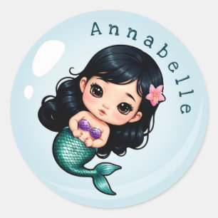 Sticker Rond Cute sirène asiatique dans une bulle Personnaliser