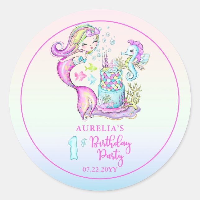 Sticker Rond Cute sirène | Sea Girl's 1st Birthday Party (Devant)