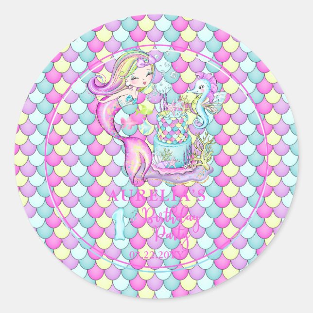 Sticker Rond Cute sirène | Sea Girl's 1st Birthday Party (Devant)