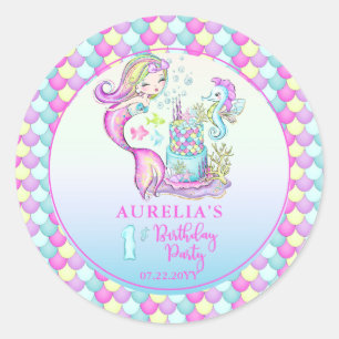 Sticker Rond Cute sirène   Sea Girl's 1st Birthday Party