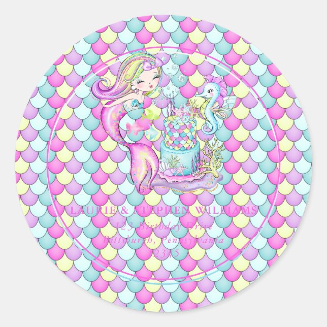 Sticker Rond Cute sirène | Sea Girl's Birthday Return Address (Devant)