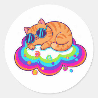 Sticker Rond Cute Sleeping Orange Cat on Rainbow Cloud with Sta