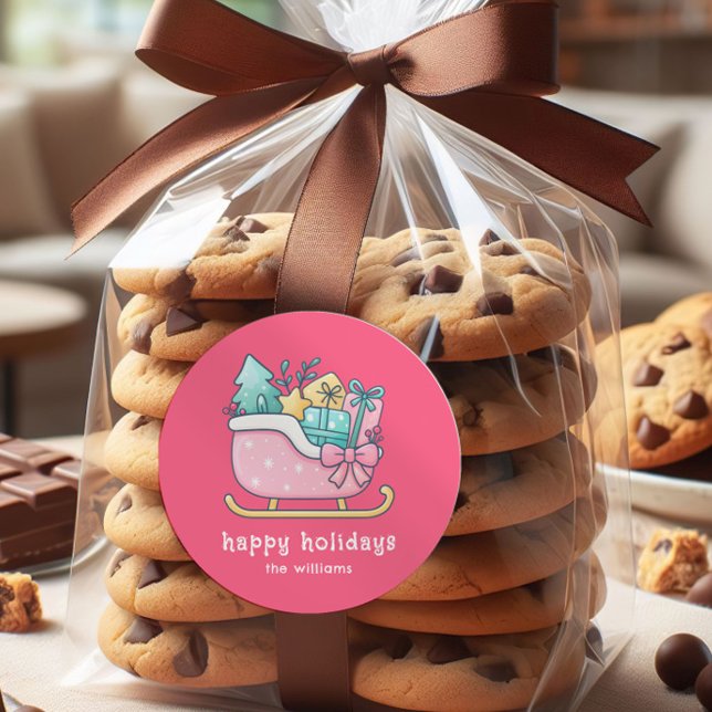 Sticker Rond Cute Sleigh with Goodies Happy Holidays Pink  (Créateur téléchargé)
