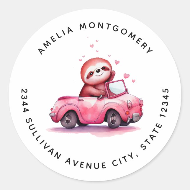Sticker Rond Cute Sloth Driving a Pink Convertible - Address (Devant)