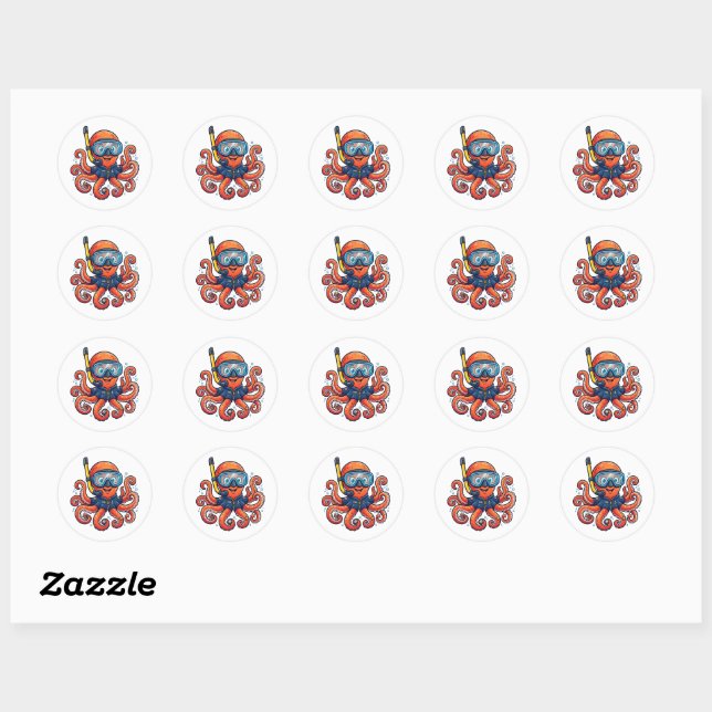 Sticker Rond Cute Snorkeling Octopus - Ocean Explorer (Feuille)