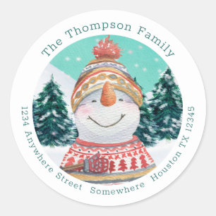 Sticker Rond Cute Snowman Nom de retour Adresse Noël Turquoise