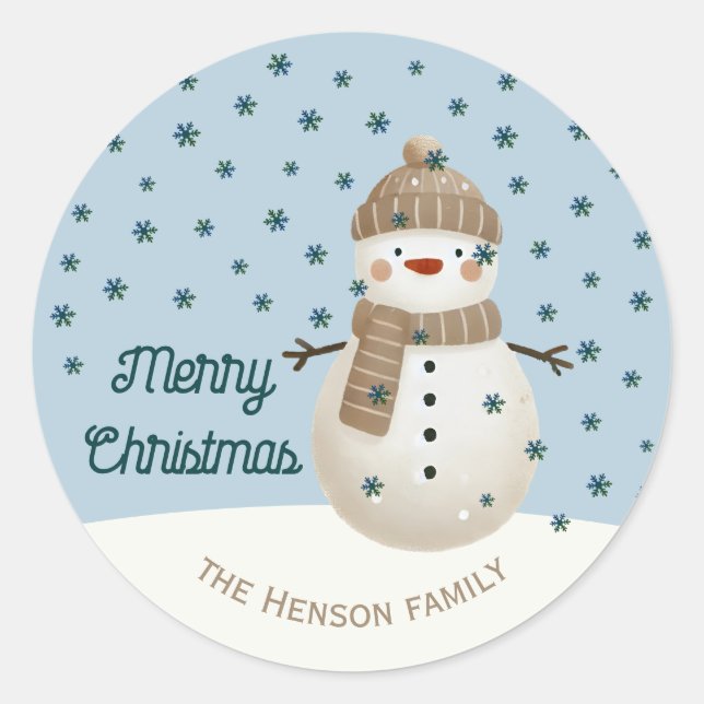 Sticker Rond Cute Snowman Snowflakes Drawing Name Christmas (Devant)