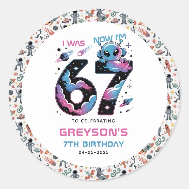 Sticker Rond Cute Space 7th Birthday | Six & Seven Year Old (Devant)