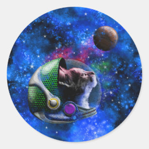 Sticker Rond Cute Space Chat avec Blue Galaxy Nebula Stars