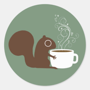 Sticker Rond Cute Squirrel Coffee Lover Faune Forêt