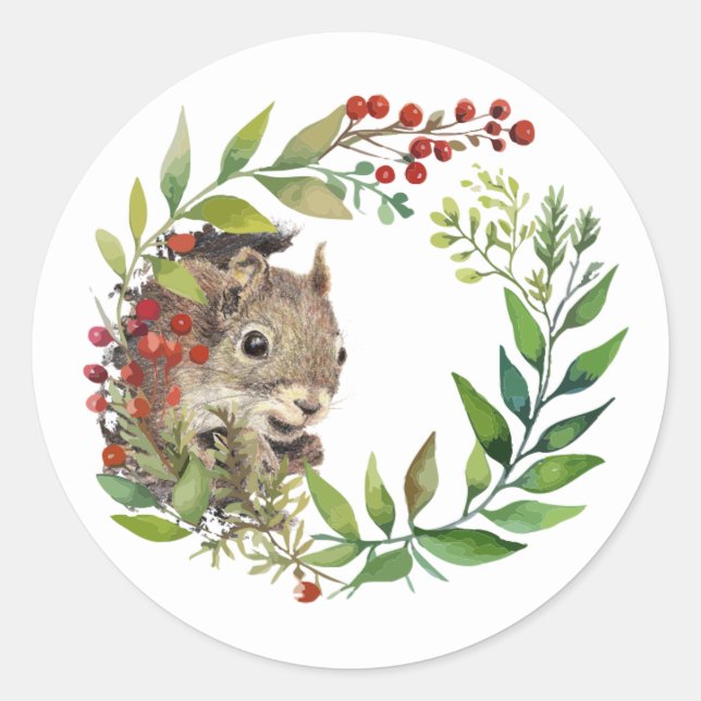 Sticker Rond Cute Squirrel Peeking out Holly Wreath (Devant)