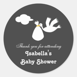 Sticker Rond Cute Stork Carré Baby shower gris blanc