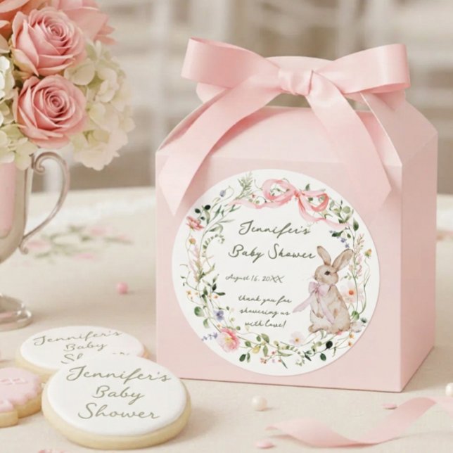 Sticker Rond Cute Storybook Bunny Wildflower Wreath Baby Shower (Créateur téléchargé)