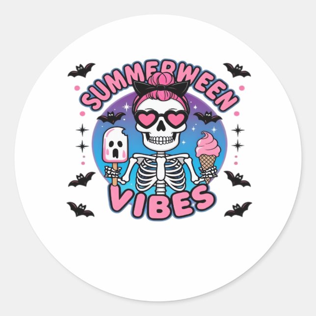Sticker Rond Cute Summerween Vibes Skeleton IceCream Summer Vac (Devant)