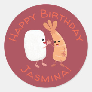 Sticker Rond Cute sushi riz crevettes amis dessin animé