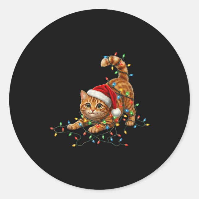 Sticker Rond Cute Tabby Cat Christmas Funny Lights Xmas Cat In  (Devant)