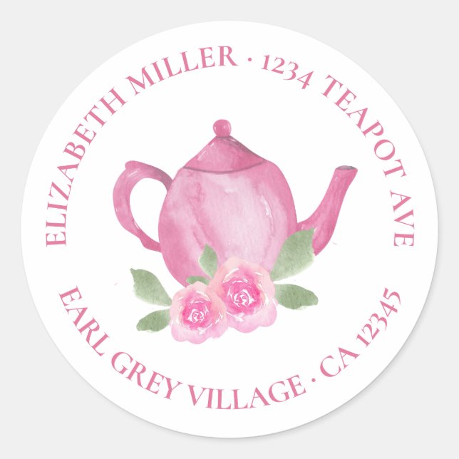 Sticker Rond Cute Teapot rose Aquarelle Adresse de retour (Devant)