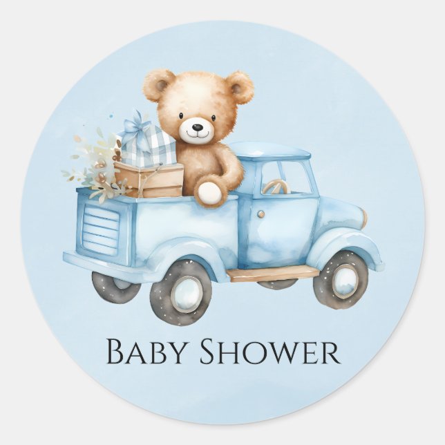 Sticker Rond Cute Teddy Bear Blue Vintage Baby shower de camion (Devant)