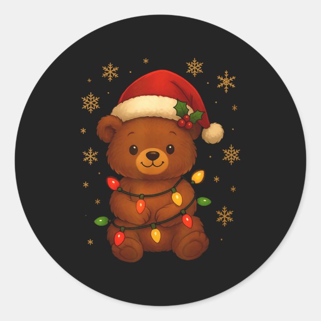 Sticker Rond Cute Teddy Bear Christmas Tree Lights Santa Hat Fu (Devant)