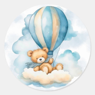 Sticker Rond Cute Teddy Bear Hot Air Balloons Baby shower garço