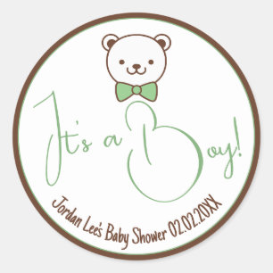 Sticker Rond Cute Teddy Bear Nostalgale Brown Baby shower Turqu
