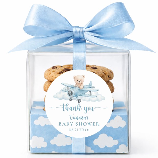 Sticker Rond Cute Teddy Bear Pilot Blue Baby Shower Thank You (Créateur téléchargé)