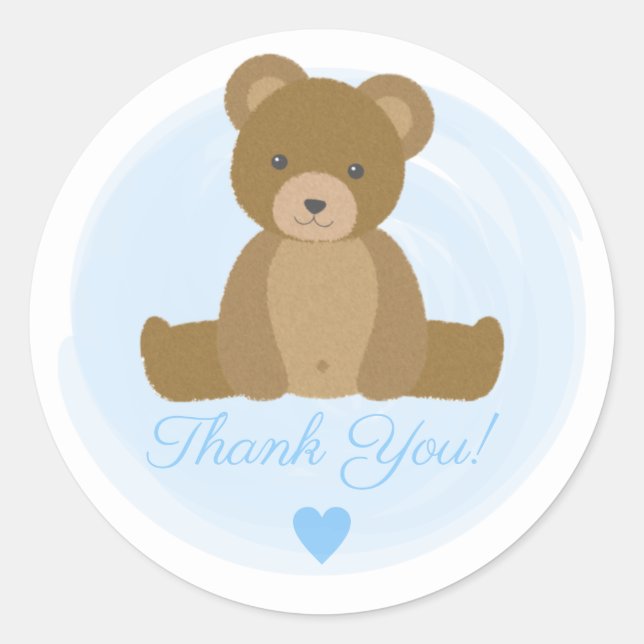 Sticker Rond Cute Teddy Ours Bleu Baby shower garçon Merci (Devant)