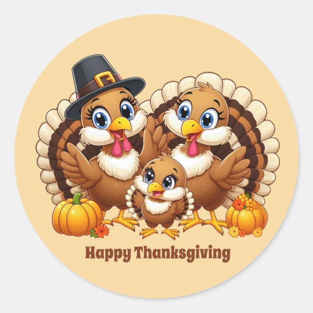 Sticker Rond Cute Thanksgiving dinde personnalisable (Devant)