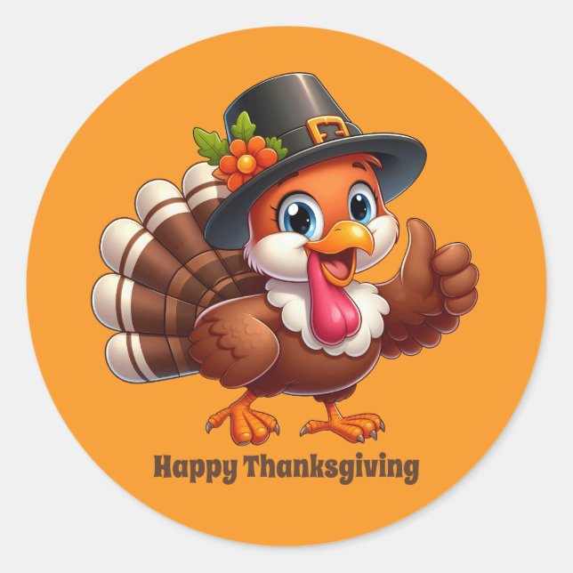 Sticker Rond Cute Thanksgiving dinde personnalisable (Devant)