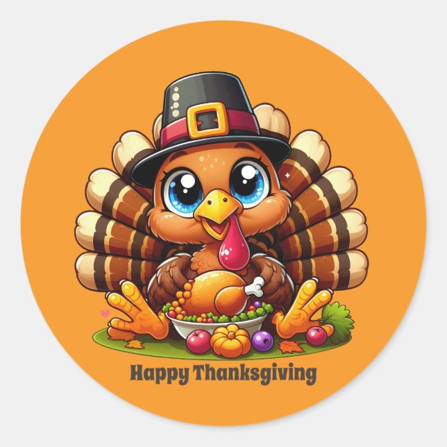 Sticker Rond Cute Thanksgiving dinde personnalisable (Devant)